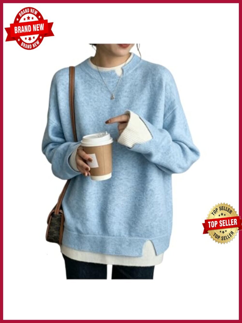 Oversized Crew Neck Contrast Knit Pullover Sweater Long Sleeve